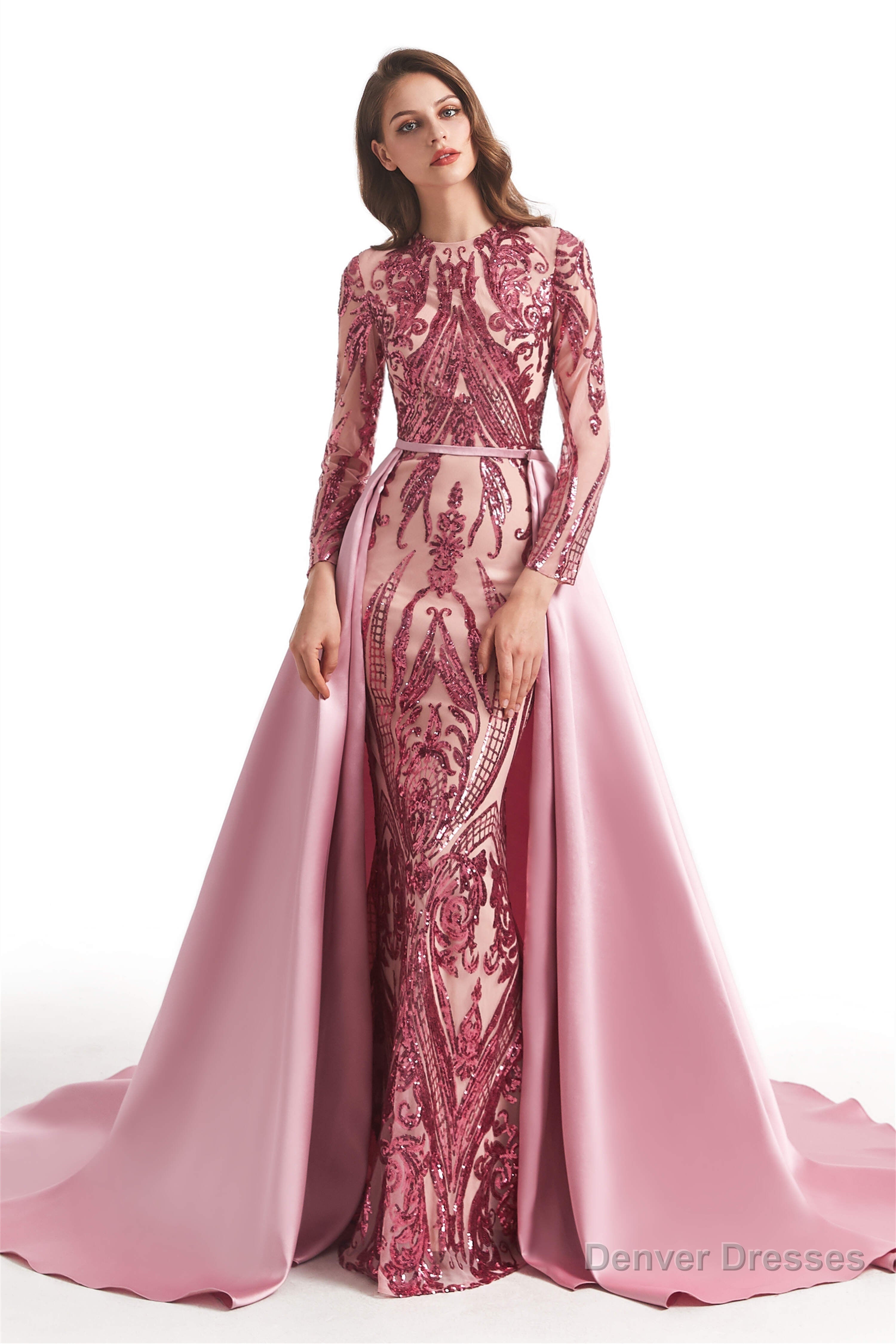 Long Sleeves Mermaid Detachable Train Prom Dresses with Train Sequined