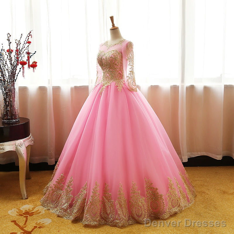 Pink Long Sleeves Tulle Round Neckline Sweet 16 Dresses, Pink Formal Gown Main image
