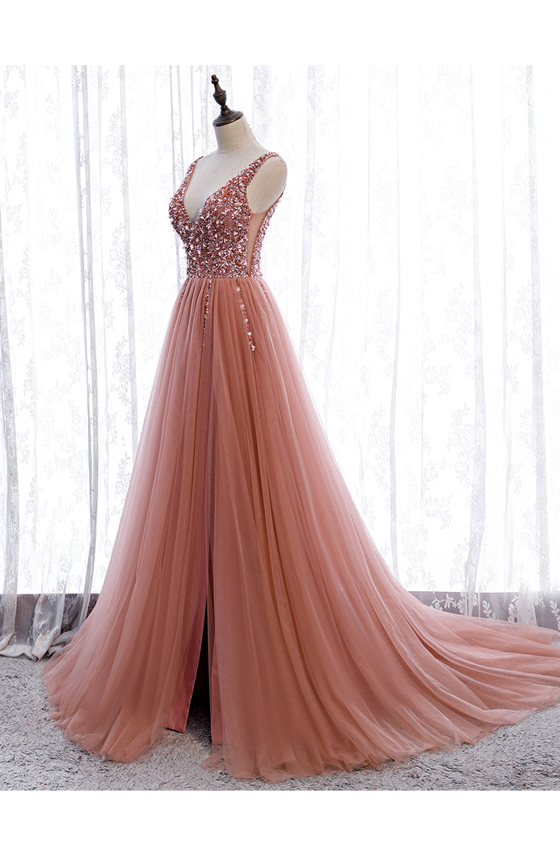 Pink Long Sparkle Beaded Tulle Slit Prom Dress,Pink V-Neckline Evening Gown Secondary image