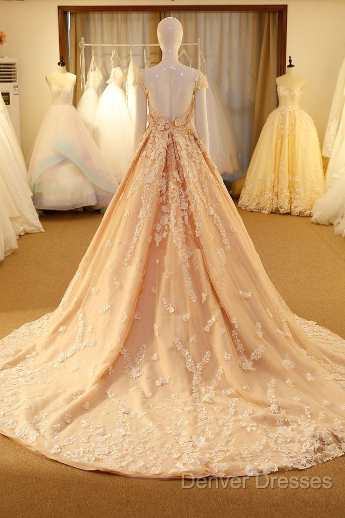 Pink Long Unique Round Neck Tulle Lace Applique Prom Dress