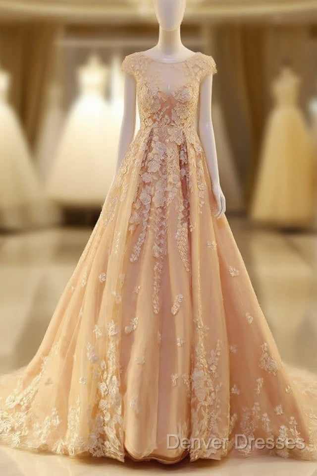 Pink Long Unique Round Neck Tulle Lace Applique Prom Dress