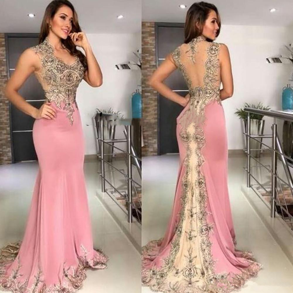 Pink Mermaid Applique Beaded Long Prom Dress Secondary image