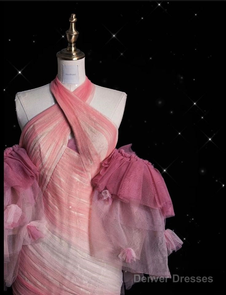 Pink Mermaid Halter Neck Tulle Long Prom Dress Sweet 16 Dress Secondary image