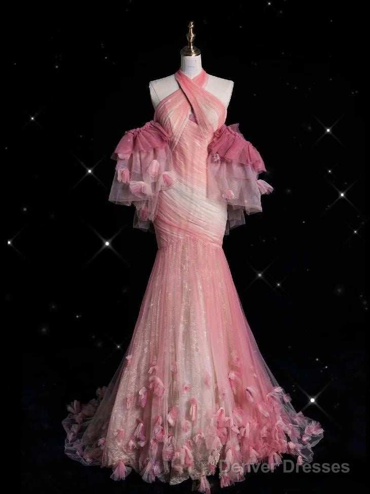 Pink Mermaid Halter Neck Tulle Long Prom Dress Sweet 16 Dress Main image