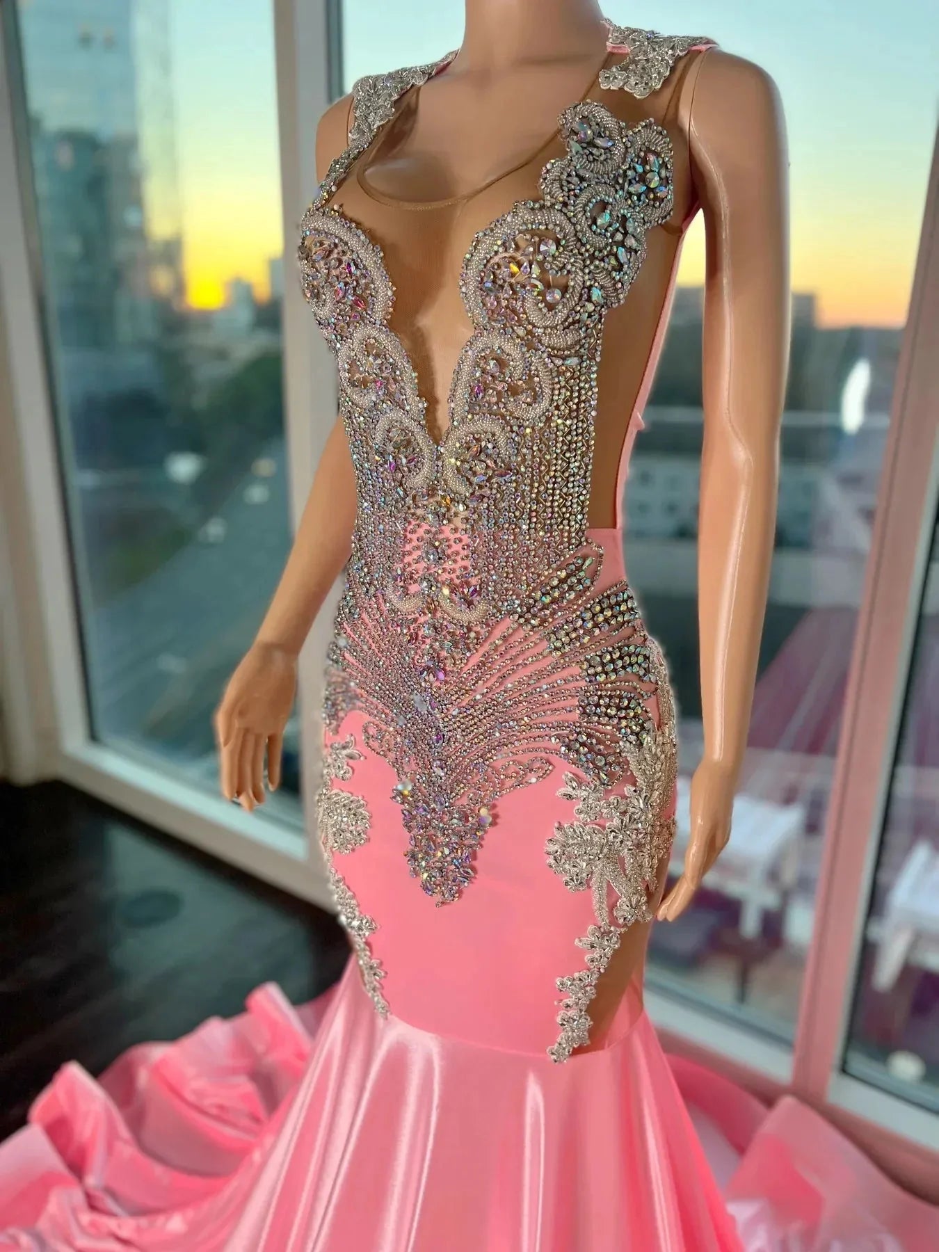 Pink Gorgeous Exquisite Beaded Elegant Stunning Mermaid Long Satin Floor Length Train Prom Dress Evening Gown Party Dress