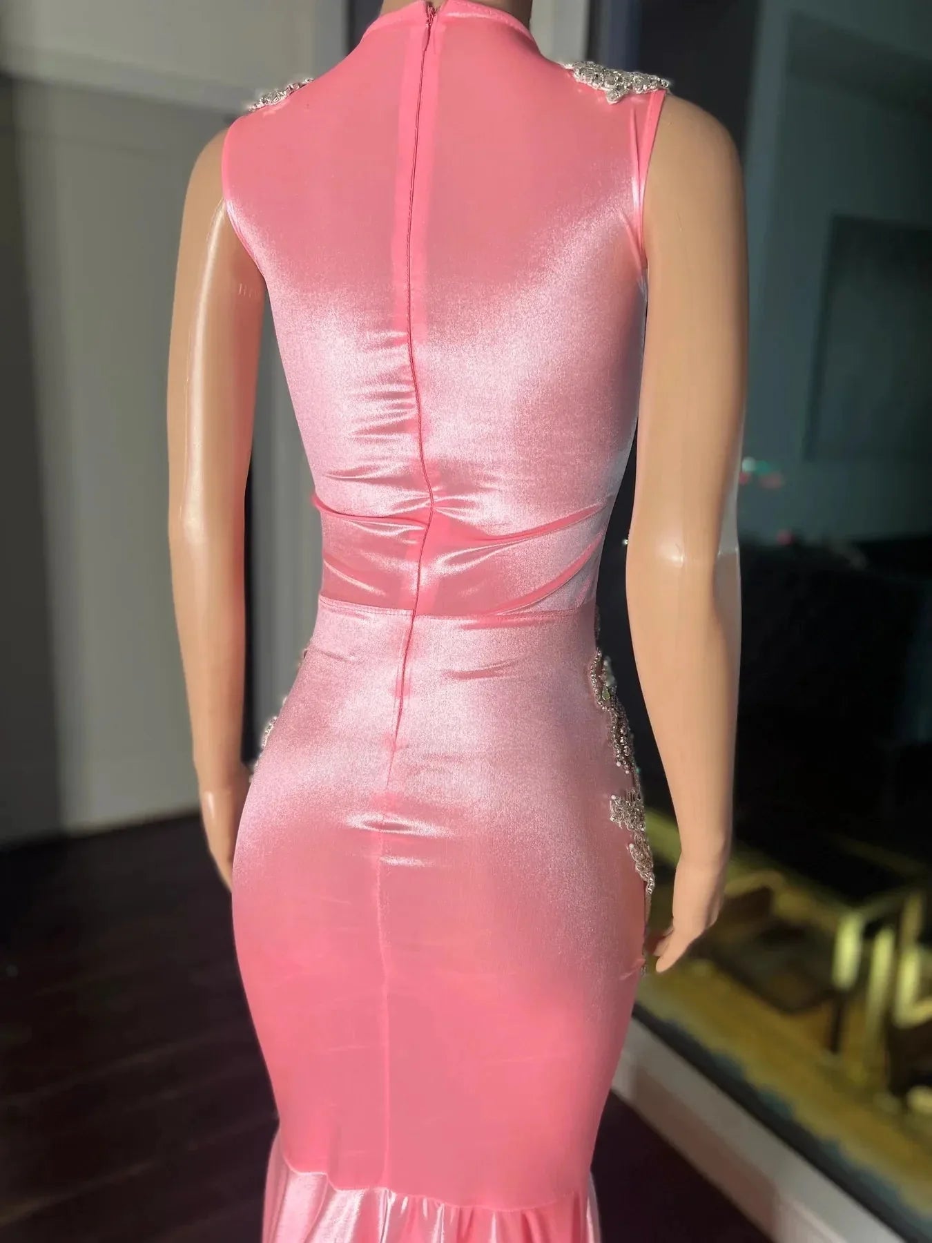 Pink Gorgeous Exquisite Beaded Elegant Stunning Mermaid Long Satin Floor Length Train Prom Dress Evening Gown Party Dress