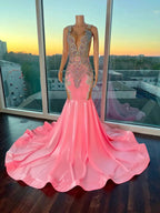 Pink Gorgeous Exquisite Beaded Elegant Stunning Mermaid Long Satin Floor Length Train Prom Dress Evening Gown Party Dress