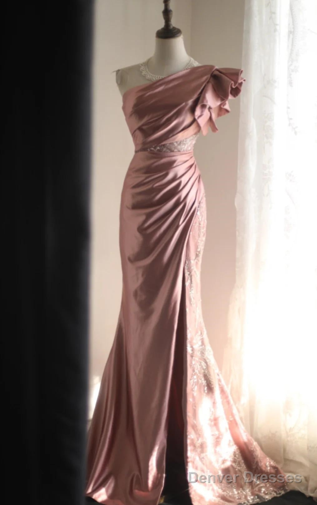 Pink Mermaid One Shoulder Satin Beaded Sequin Long Prom Dress Bridal Dress Main image