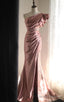 Pink Mermaid One Shoulder Satin Beaded Sequin Long Prom Dress Bridal Dress