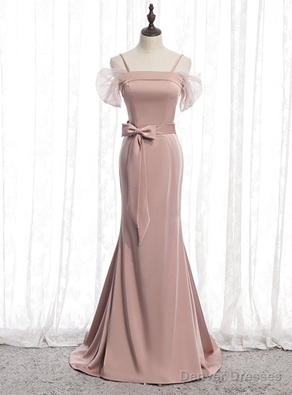 Pink Mermaid Satin Spagehtti Straps Prom Dress With Sash Main image