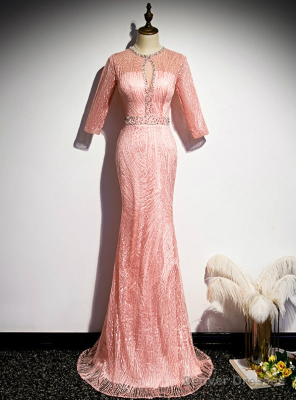 Pink Mermaid Short Sleeve Beading Prom Dress Main image