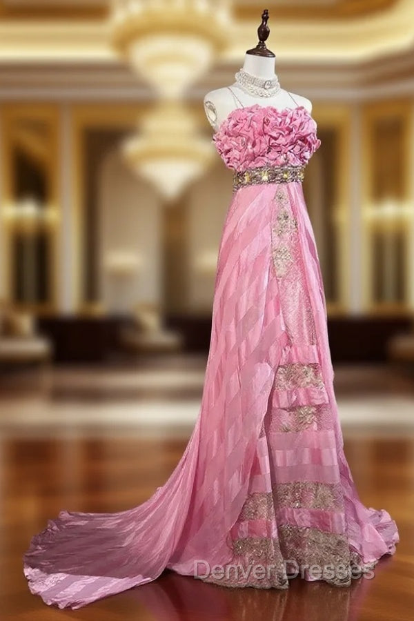 Pink Mermaid Spaghetti Straps Satin Beaded Long Prom Dress Beautiful Bridal Dress Main image