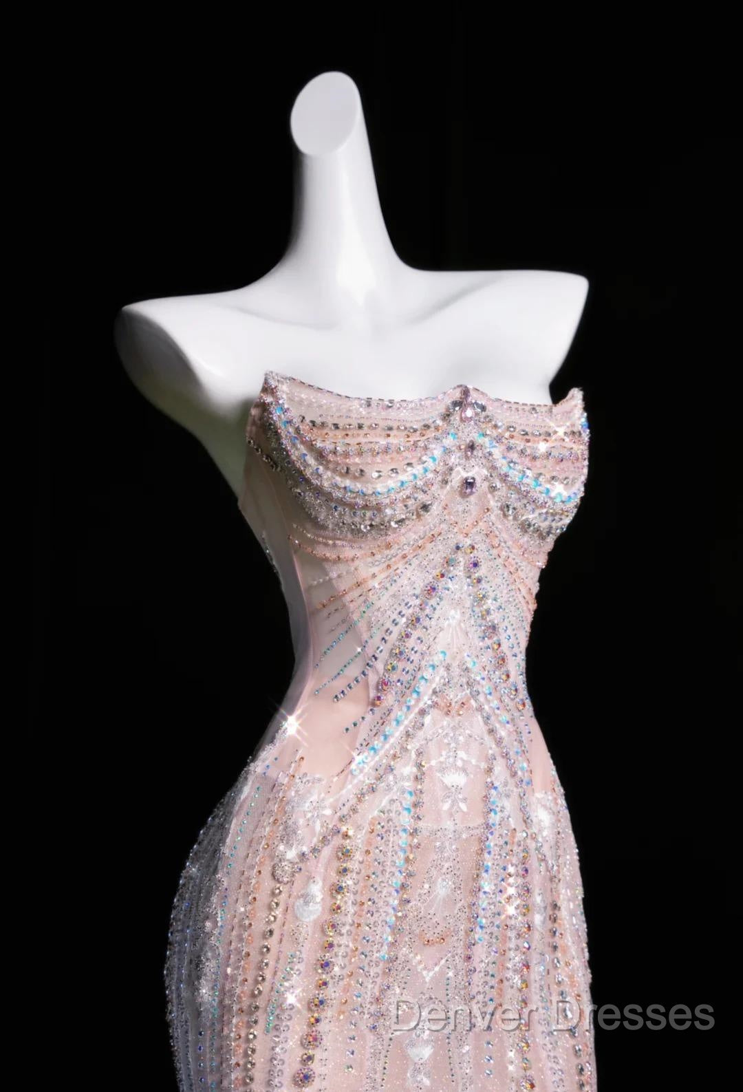 Pink Mermaid Strapless Tulle Diamond Long Prom Dress Sweet Wedding Dress Formal Dress