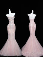 Pink Mermaid Strapless Tulle Diamond Long Prom Dress Sweet Wedding Dress Formal Dress