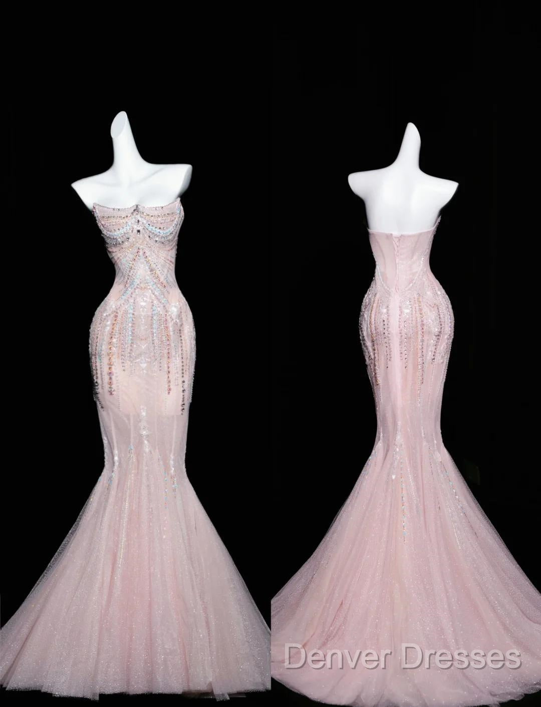 Pink Mermaid Strapless Tulle Diamond Long Prom Dress Sweet Wedding Dress Formal Dress