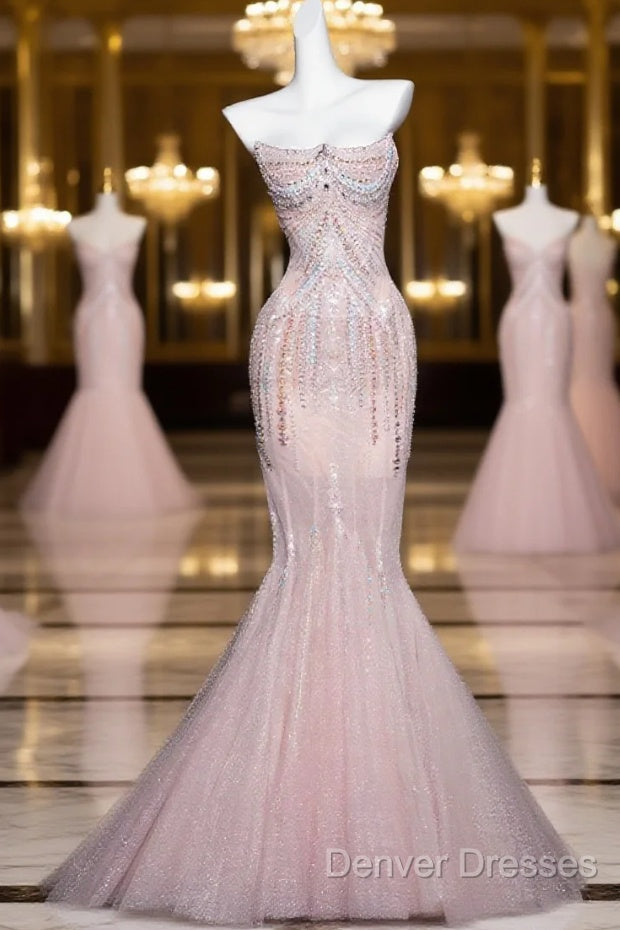 Pink Mermaid Strapless Tulle Diamond Long Prom Dress Sweet Wedding Dress Formal Dress Main image