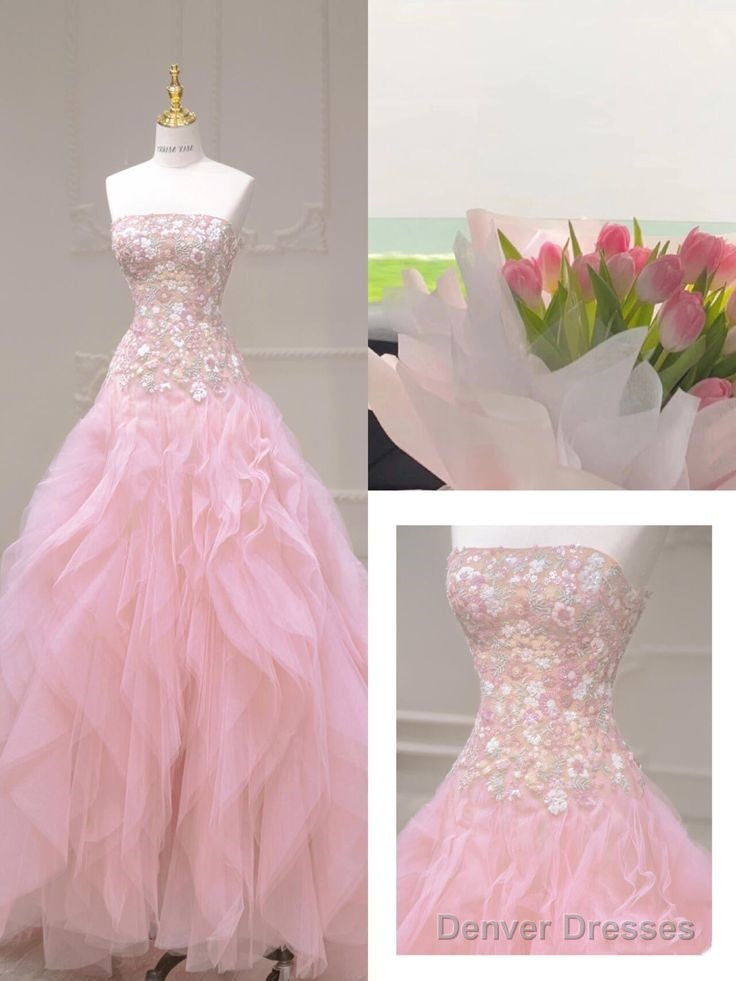 Pink Mermaid Strapless Tulle Sequined Long Prom Dress, Sweet Embroidered Applique Wedding Dress