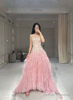 Pink Mermaid Strapless Tulle Sequined Long Prom Dress, Sweet Embroidered Applique Wedding Dress