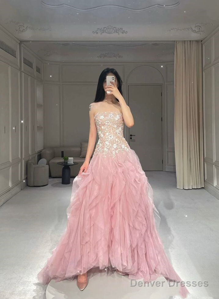 Pink Mermaid Strapless Tulle Sequined Long Prom Dress, Sweet Embroidered Applique Wedding Dress