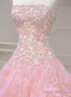 Pink Mermaid Strapless Tulle Sequined Long Prom Dress, Sweet Embroidered Applique Wedding Dress