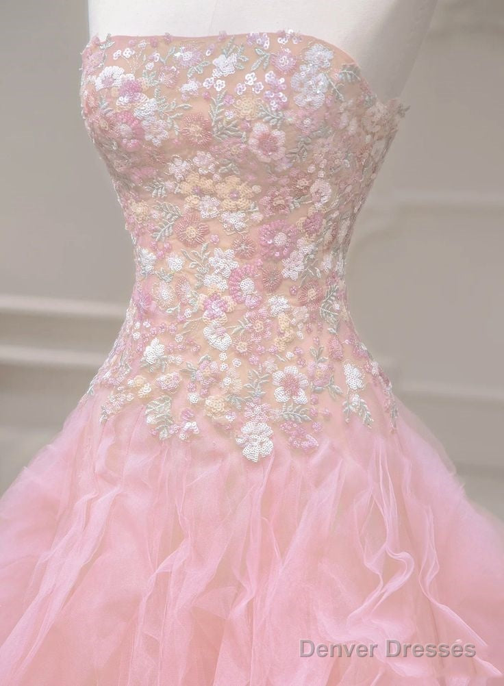 Pink Mermaid Strapless Tulle Sequined Long Prom Dress, Sweet Embroidered Applique Wedding Dress