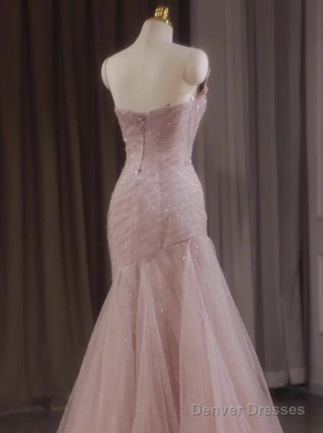 Pink Mermaid Strapless Tulle Sequined Long Prom Dress Sweet Wedding Dress Secondary image