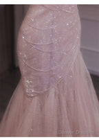 Pink Mermaid Strapless Tulle Sequined Long Prom Dress Sweet Wedding Dress