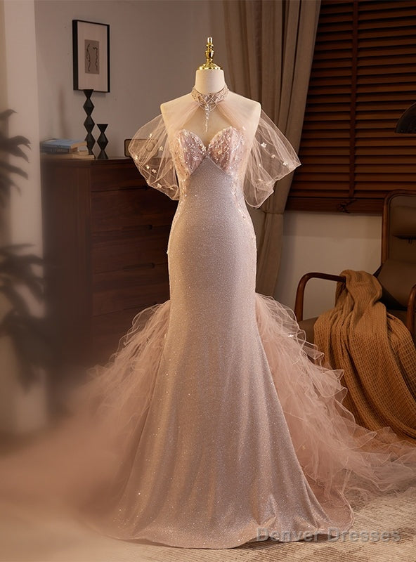 Pink Mermaid Tulle Halter Prom Dress Main image