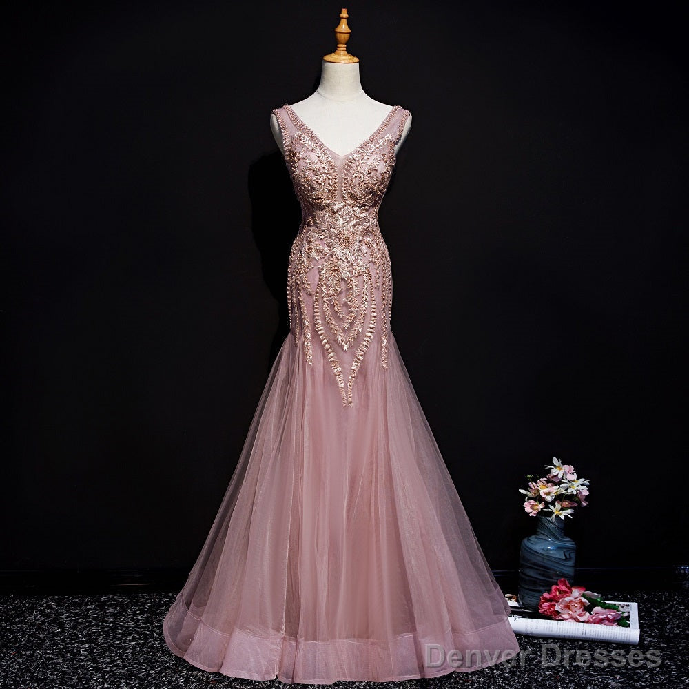 Pink Mermaid Tulle Long Evening Dress with Lace, V-neckline Floor Length Prom Dress Secondary image