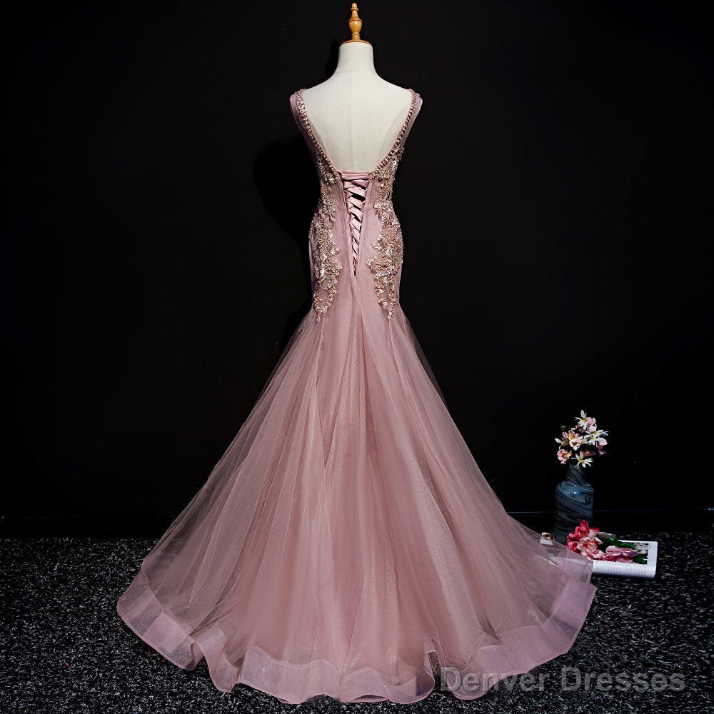 Pink Mermaid Tulle Long Evening Dress with Lace, V-neckline Floor Length Prom Dress