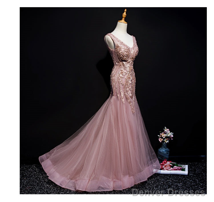 Pink Mermaid Tulle Long Evening Dress with Lace, V-neckline Floor Length Prom Dress Main image