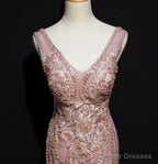 Pink Mermaid Tulle Long Evening Dress with Lace, V-neckline Floor Length Prom Dress