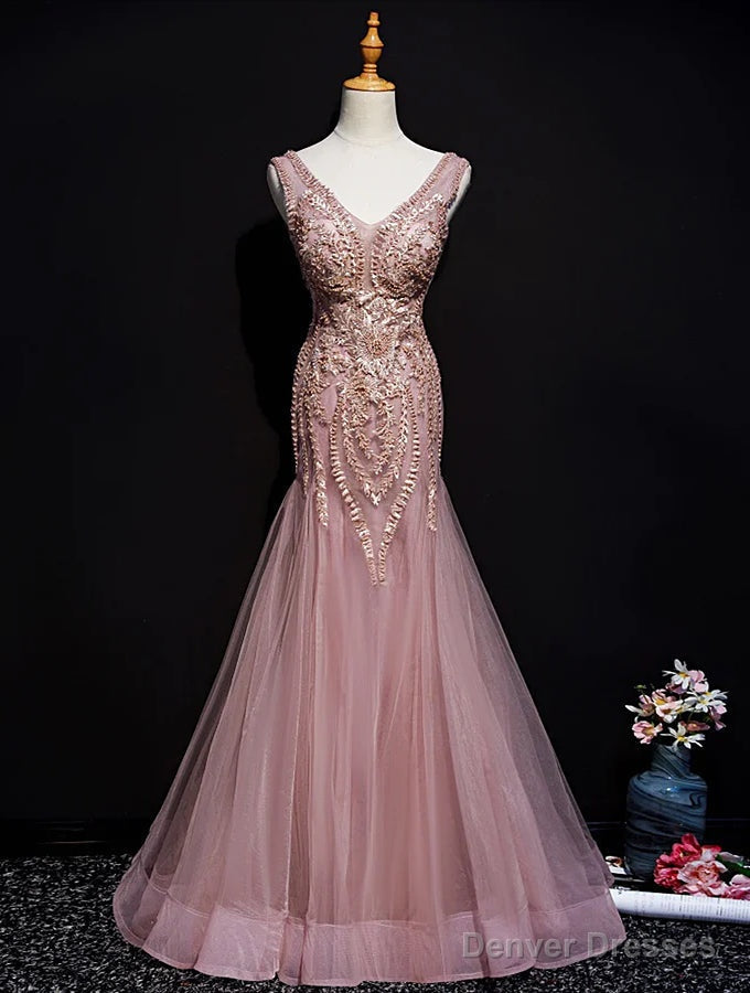 Pink Mermaid Tulle Long Evening Dress with Lace, V-neckline Floor Length Prom Dress