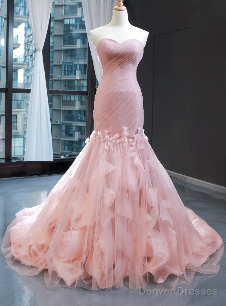 Pink Mermaid Tulle Sweetheart Pleats Appliques Prom Dress Main image
