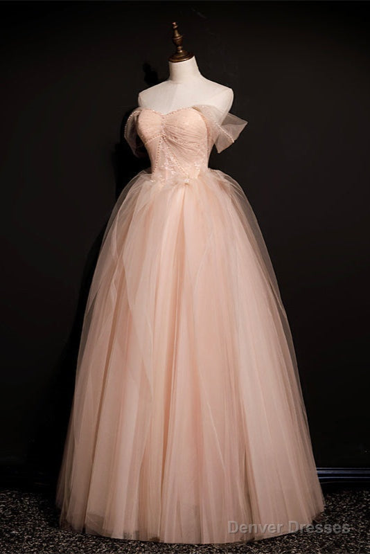 Pink Off Shoulder Beaded Tulle Long Party Dresses, Pink A-line Formal Dresses Prom Dress