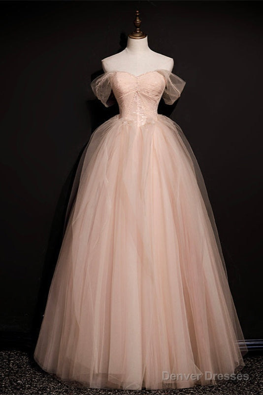 Pink Off Shoulder Beaded Tulle Long Party Dresses, Pink A-line Formal Dresses Prom Dress Secondary image