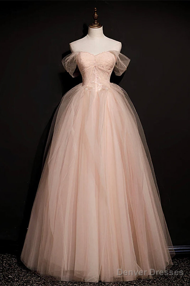 Pink Off Shoulder Beaded Tulle Long Party Dresses, Pink A-line Formal Dresses Prom Dress