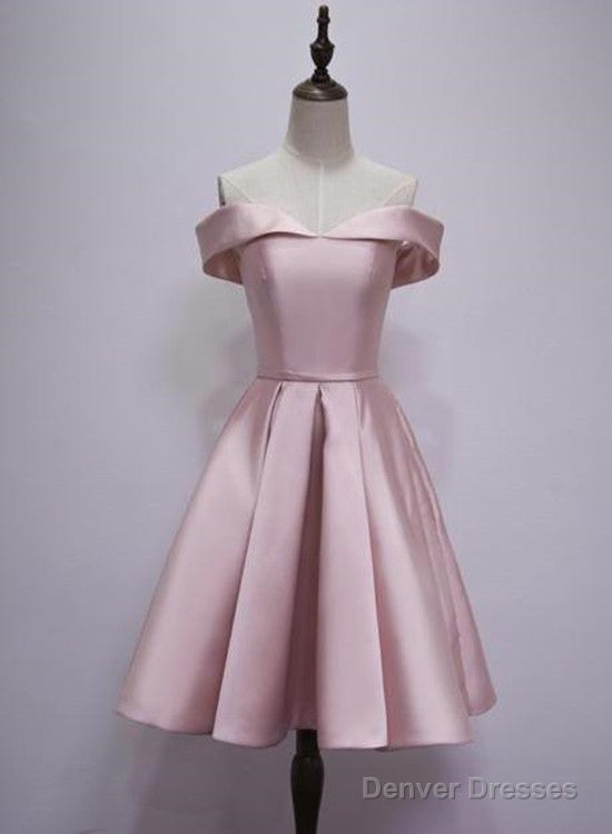 Pink Off Shoulder Knee Length Homecoming Dresses, Pink Short Party Dress, Short Formal Dresses Main image