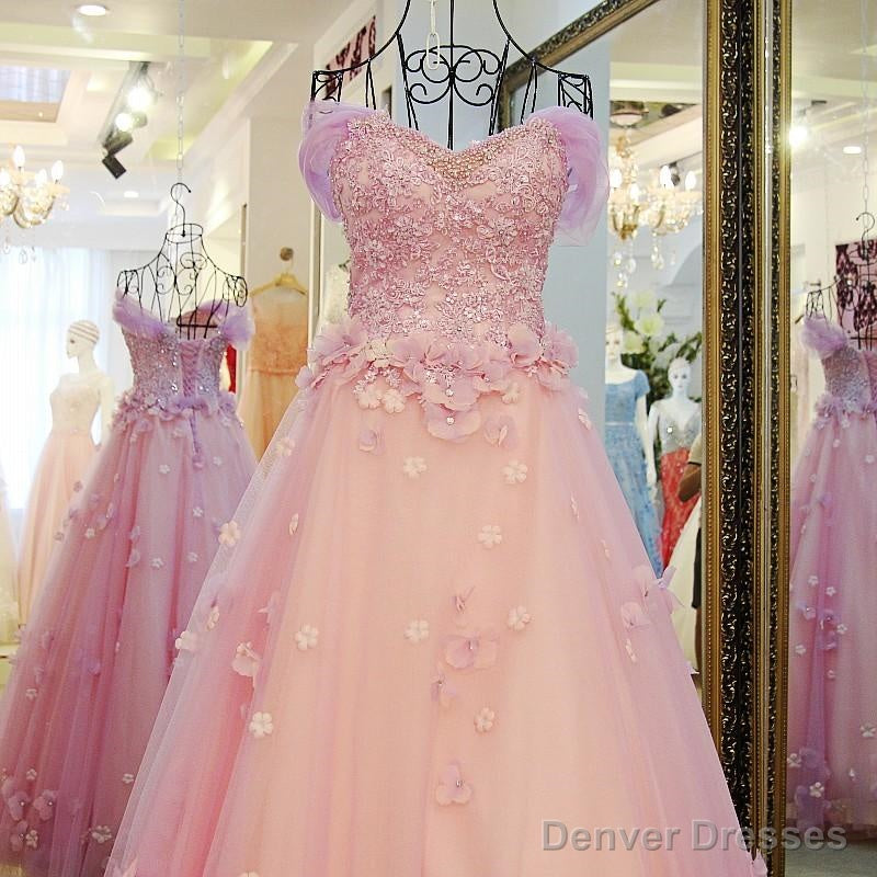 Pink Off Shoulder Lace Applique Tulle Flowers Prom Dress, Pink Formal Dress Sweet 16 Dress