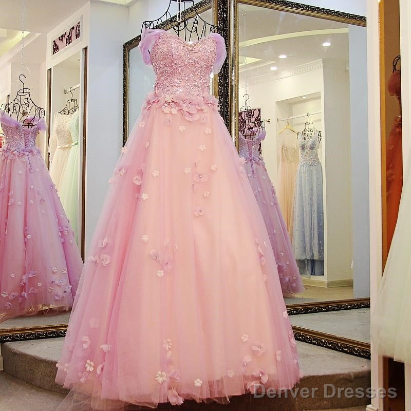 Pink Off Shoulder Lace Applique Tulle Flowers Prom Dress, Pink Formal Dress Sweet 16 Dress Secondary image