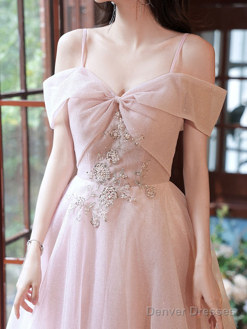 Pink Off Shoulder Long Prom Dress, Off Shoulder Pink Party Dress Secondary image