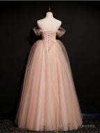 Pink  Off Shoulder Long Prom Dress, Pink Tulle Formal Evening Dress