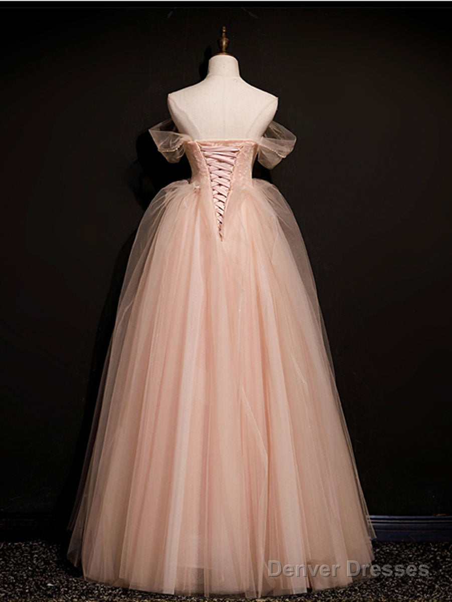 Pink  Off Shoulder Long Prom Dress, Pink Tulle Formal Evening Dress