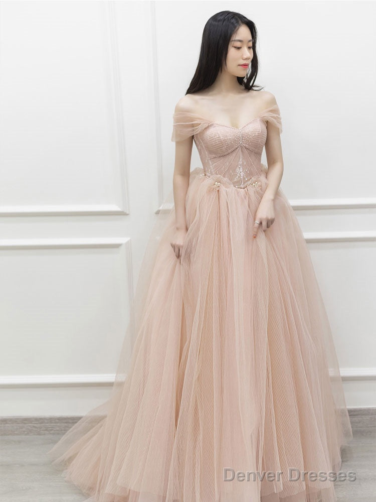 Pink  Off Shoulder Long Prom Dress, Pink Tulle Formal Evening Dress Main image