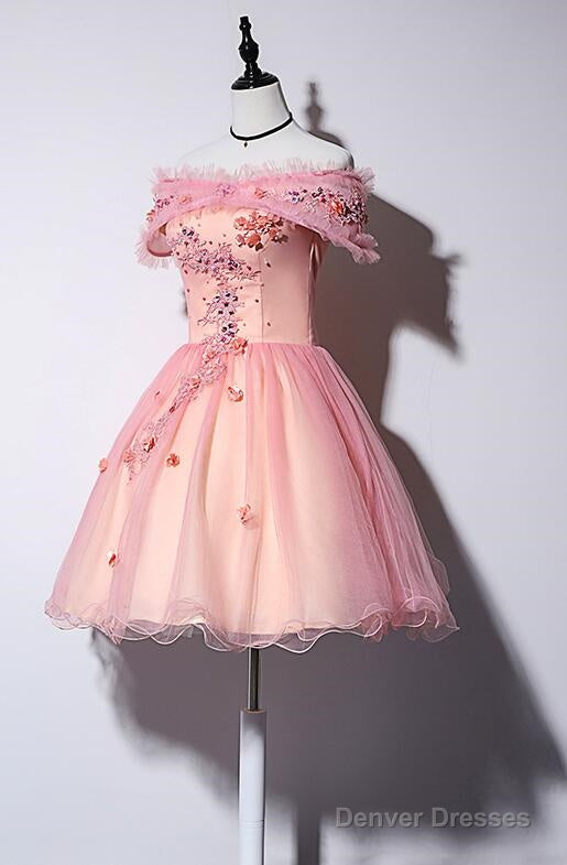 Pink Off Shoulder Lovely Tulle Lace Applique Party Dress, Pink Homecoming Dress Prom Dress Secondary image