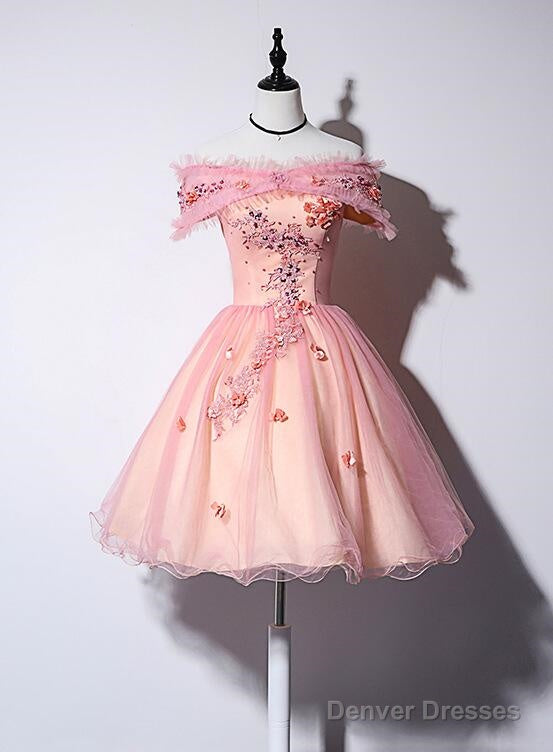 Pink Off Shoulder Lovely Tulle Lace Applique Party Dress, Pink Homecoming Dress Prom Dress Main image