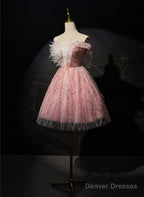 Pink Off Shoulder Shiny Tulle With Lace Party Dress, Pink Homecoming Dress Formal Dress