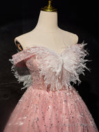 Pink Off Shoulder Shiny Tulle With Lace Party Dress, Pink Homecoming Dress Formal Dress