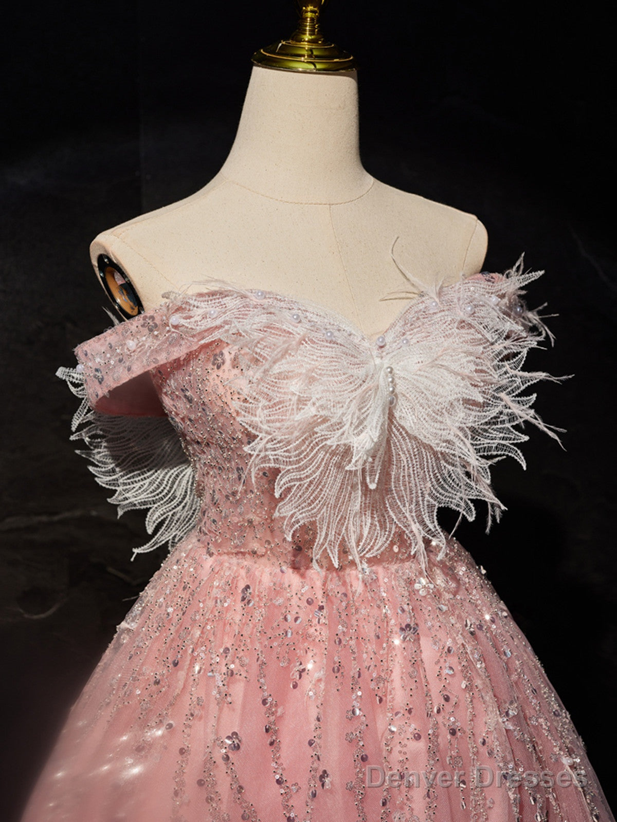 Pink Off Shoulder Shiny Tulle With Lace Party Dress, Pink Homecoming Dress Formal Dress