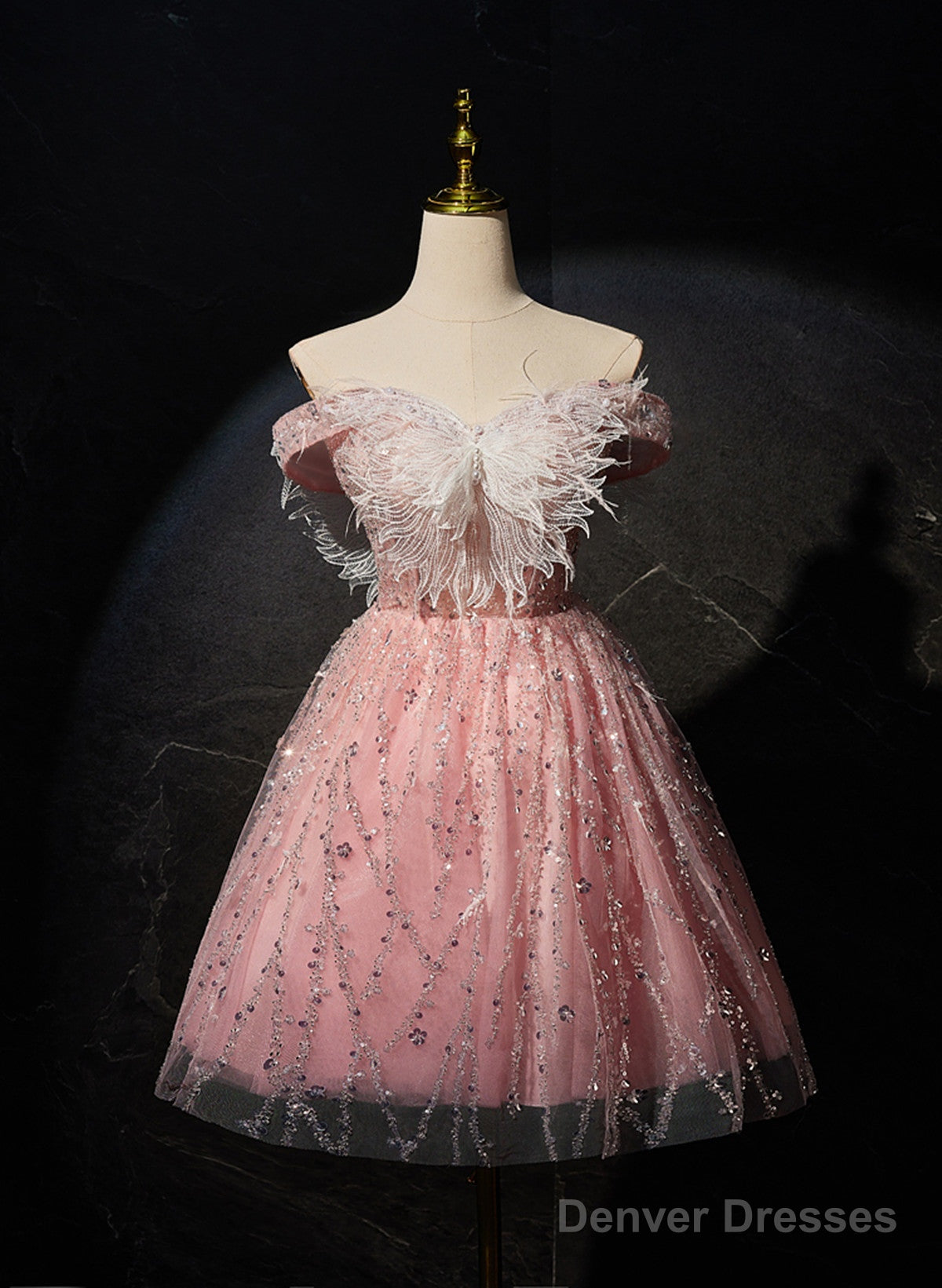 Pink Off Shoulder Shiny Tulle With Lace Party Dress, Pink Homecoming Dress Formal Dress Main image